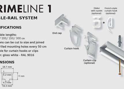 Single aluminum curtain rail + accessories PRIMELINE Cezar White 1.5m